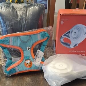 Vibrant Orange and Blue Dog Harness. Smart Leash & Dog Bed.